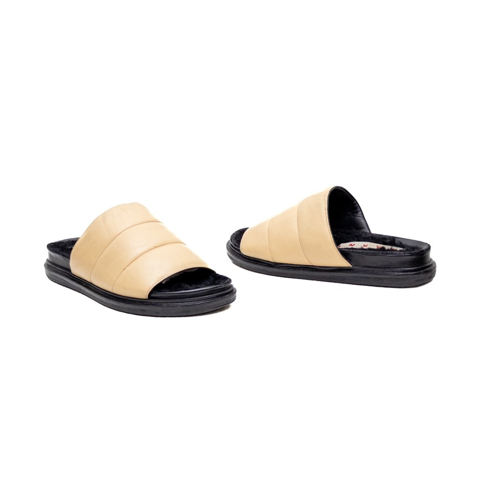 Marni Beige &‎ Black Women's Leather Sheepskin Slides Sandals Sz US 6.5